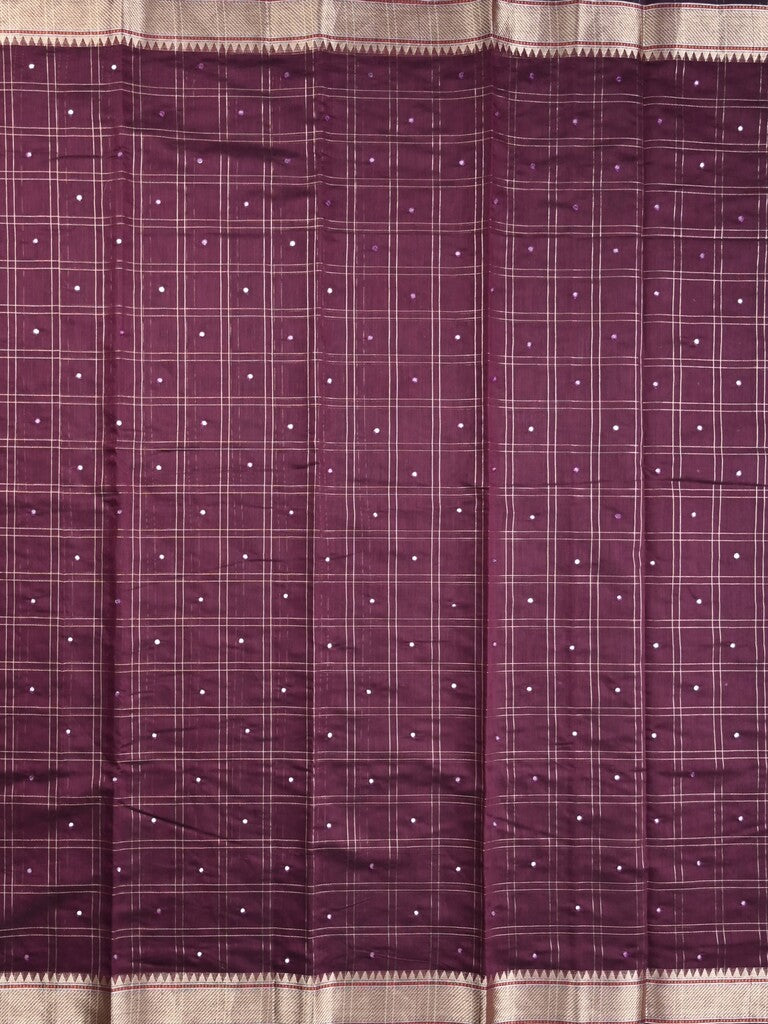 Chanderi fancy saree dark wine color allover checks, zari motifs & zari border with zari pallu and self blouse