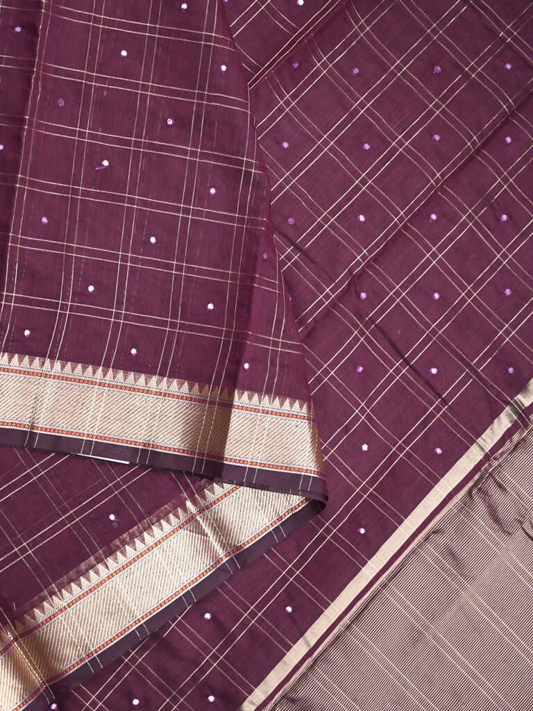 Chanderi fancy saree dark wine color allover checks, zari motifs & zari border with zari pallu and self blouse