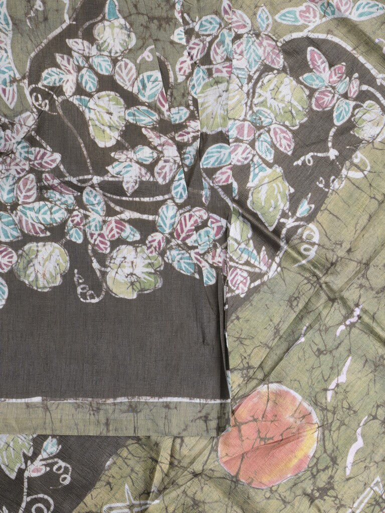 Jute tussar fancy saree in black and olive green color allover prints with printed pallu and attached blouse