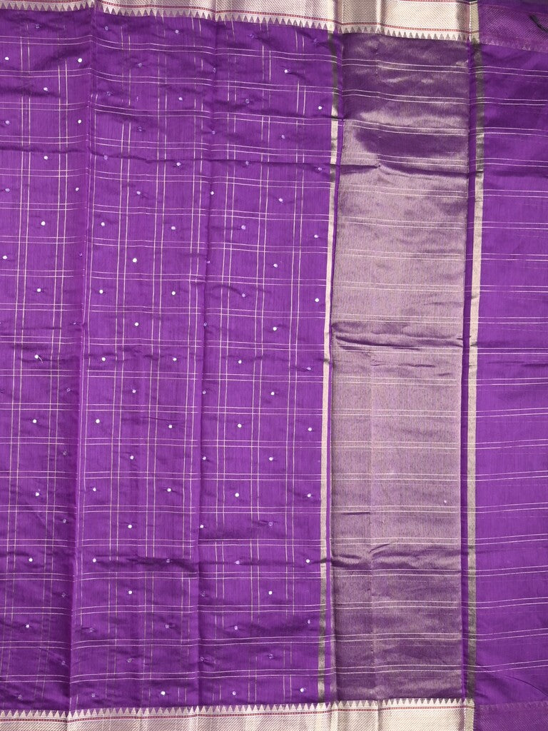 Chanderi fancy saree purple color allover checks, zari motifs & zari border with zari pallu and self blouse