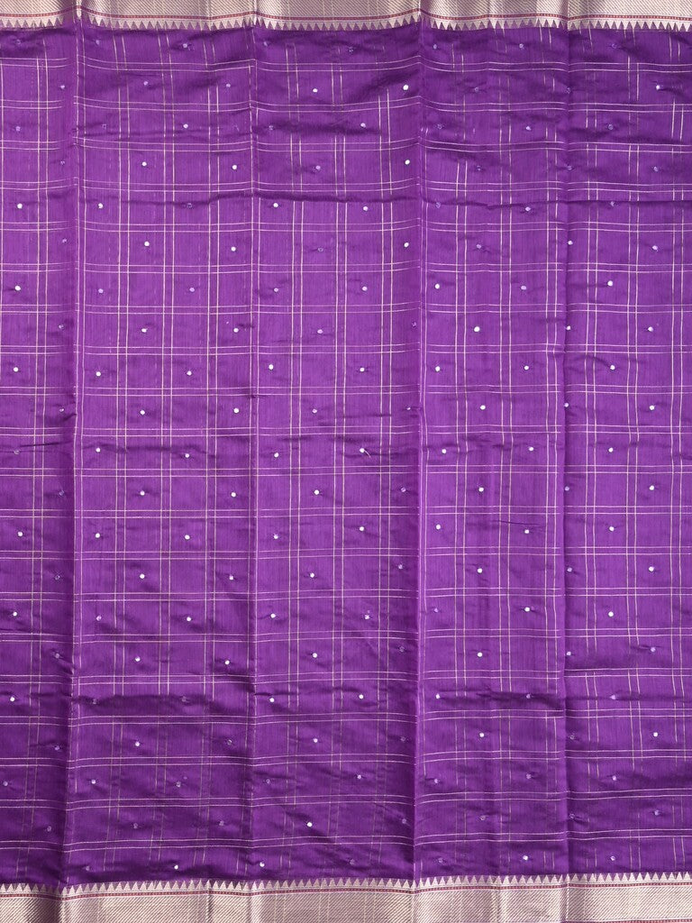 Chanderi fancy saree purple color allover checks, zari motifs & zari border with zari pallu and self blouse
