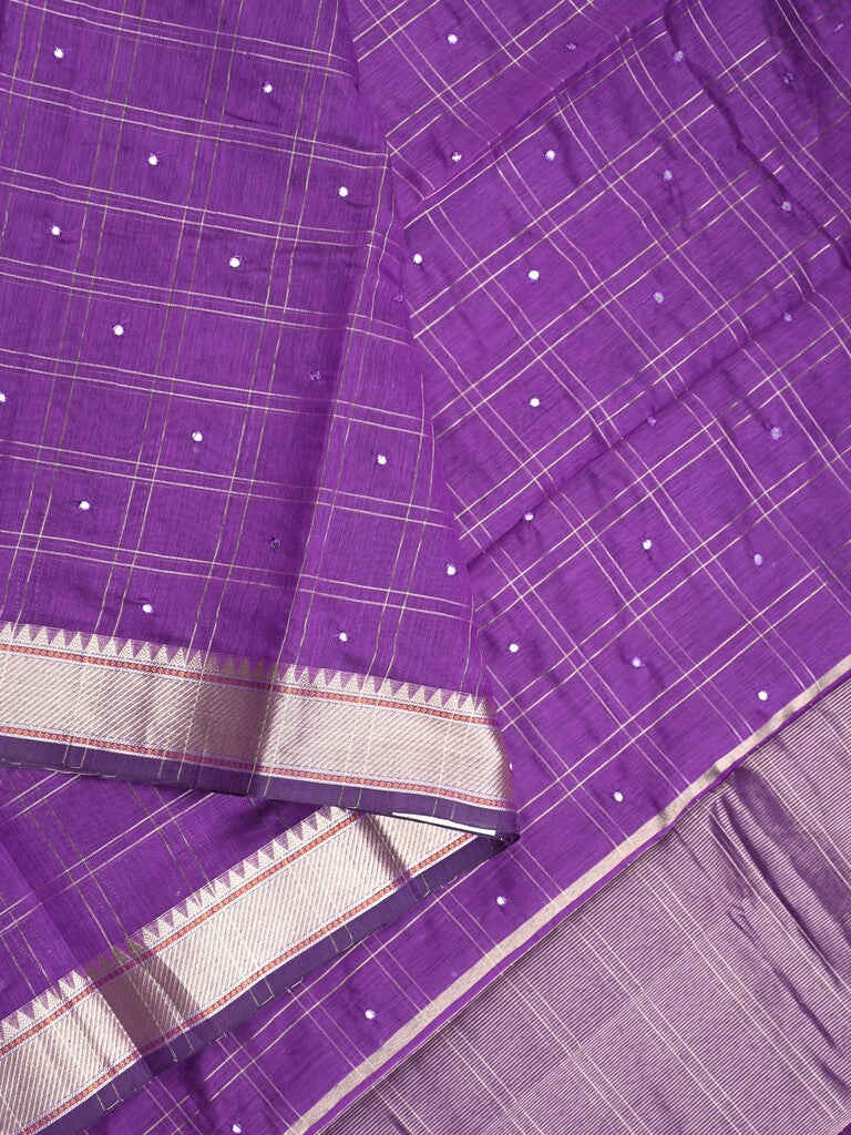 Chanderi fancy saree purple color allover checks, zari motifs & zari border with zari pallu and self blouse
