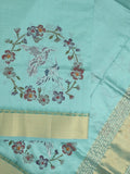 Tussar fancy saree in sky blue color allover prints, embroidery & zari border with short zari pallu and blouse