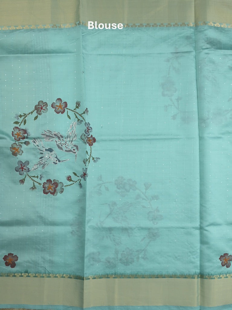 Tussar fancy saree in sky blue color allover prints, embroidery & zari border with short zari pallu and blouse
