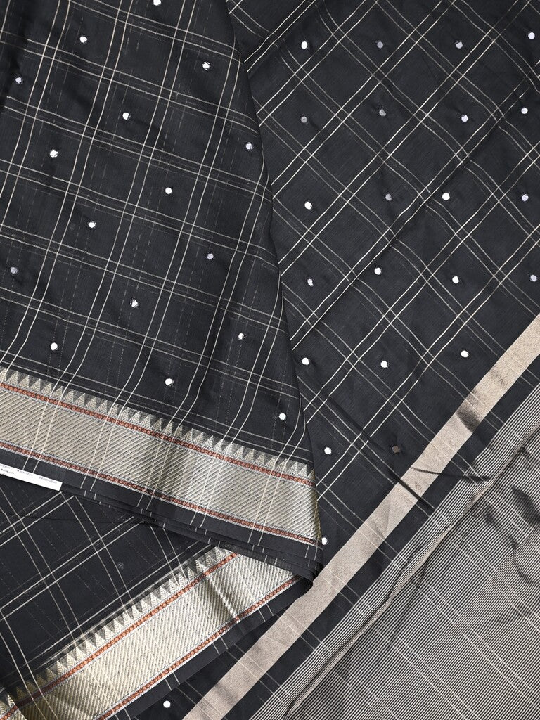 Chanderi fancy saree black color allover checks, zari motifs & zari border with zari pallu and self blouse
