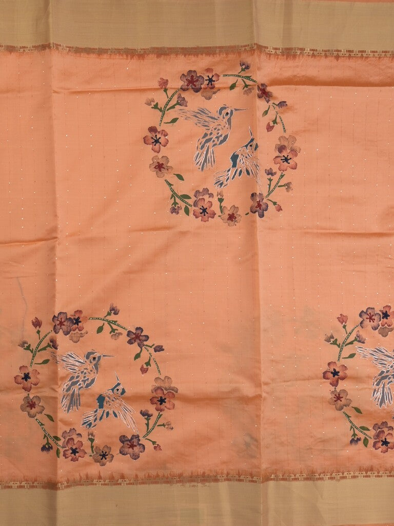 Tussar fancy saree in peach color allover prints, embroidery & zari border with short zari pallu and blouse