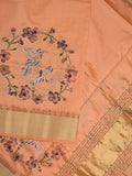 Tussar fancy saree in peach color allover prints, embroidery & zari border with short zari pallu and blouse