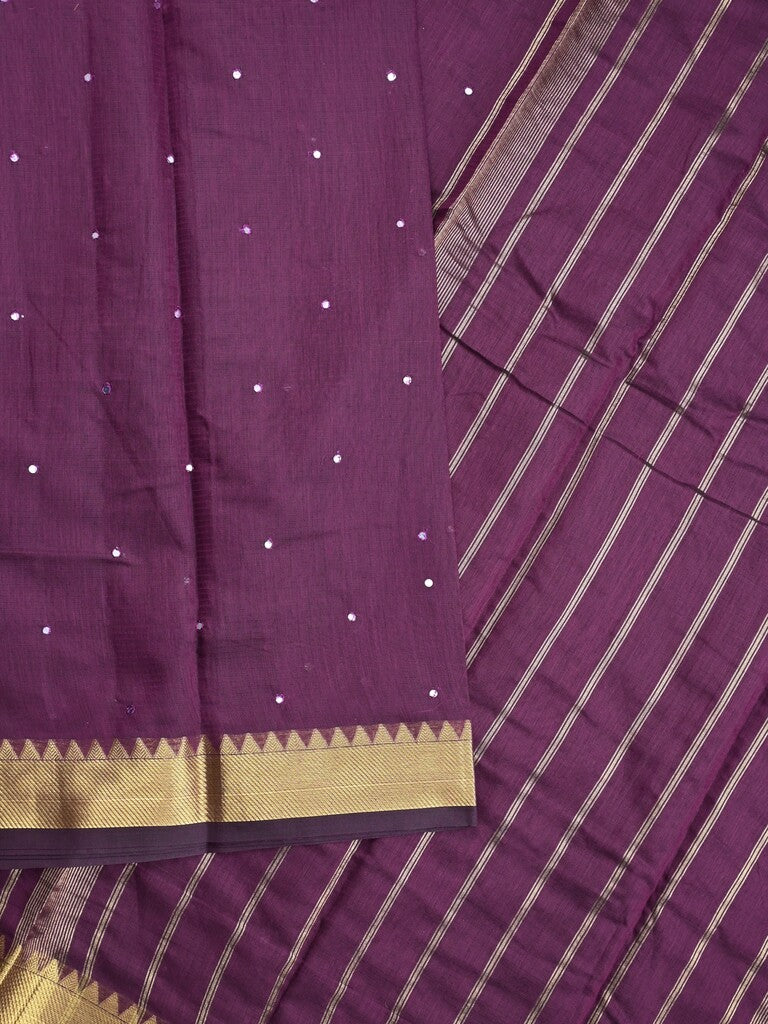 Chanderi fancy saree dark wine color allover zari motifs & zari border with zari pallu and plain blouse