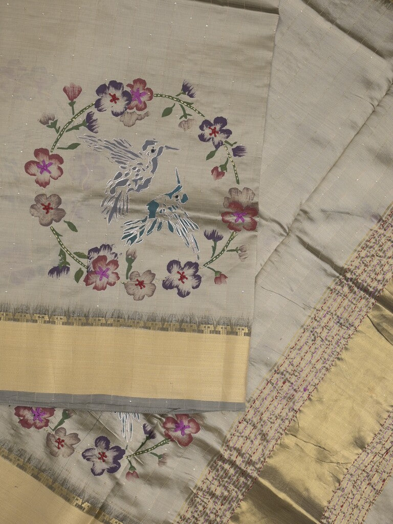 Tussar fancy saree in grey color allover prints, embroidery & zari border with short zari pallu and blouse