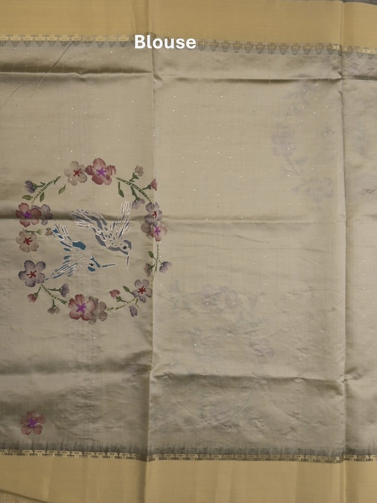 Tussar fancy saree in grey color allover prints, embroidery & zari border with short zari pallu and blouse