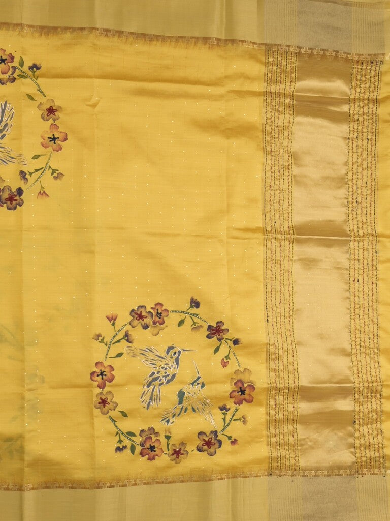 Tussar fancy saree in yellow color allover prints, embroidery & zari border with short zari pallu and blouse
