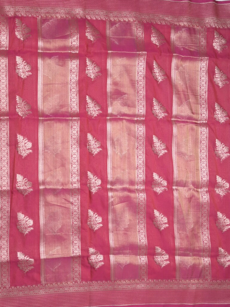 Pure organza fancy saree pink color allover zari weaves & zari border with rich pallu and contrast blouse
