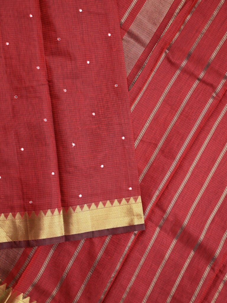 Chanderi fancy saree maroon color allover zari motifs & zari border with zari pallu and plain blouse