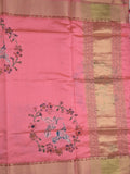 Tussar fancy saree in pink color allover prints, embroidery & zari border with short zari pallu and blouse