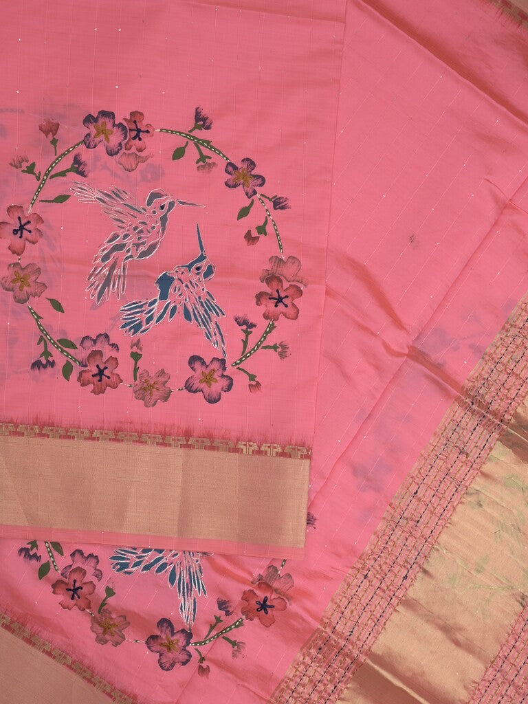 Tussar fancy saree in pink color allover prints, embroidery & zari border with short zari pallu and blouse