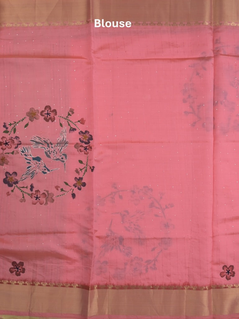 Tussar fancy saree in pink color allover prints, embroidery & zari border with short zari pallu and blouse