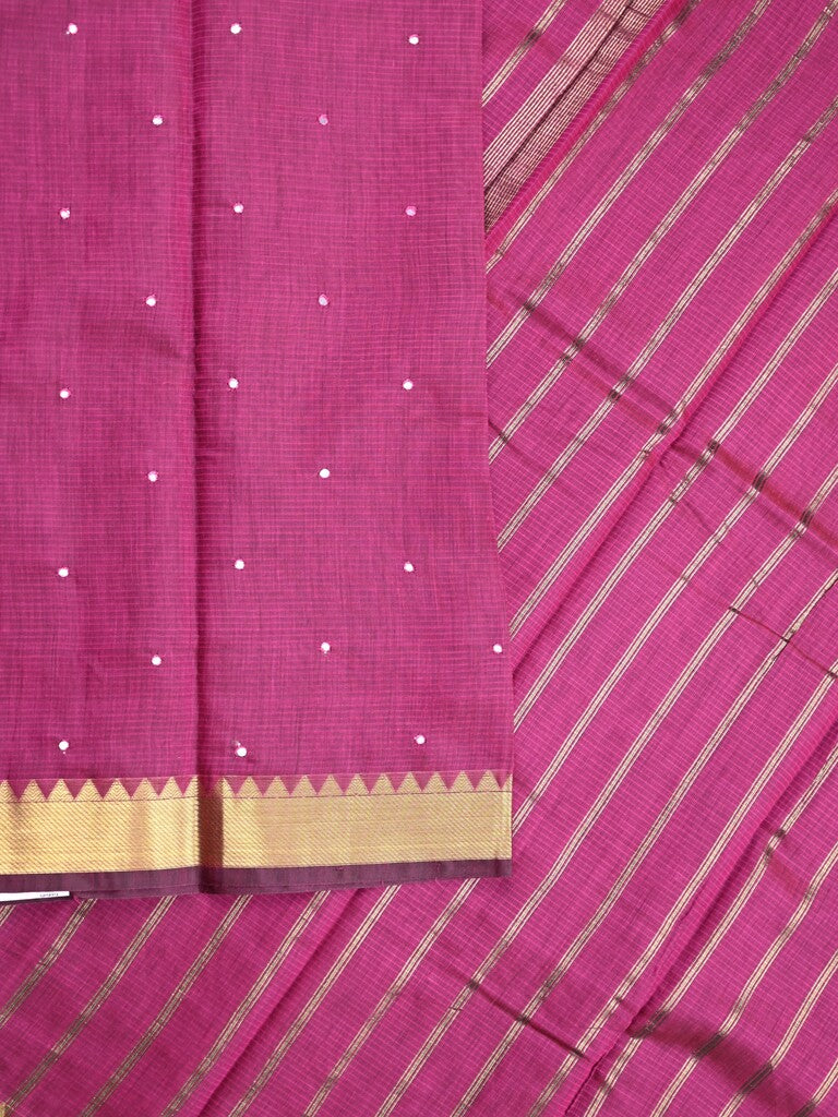 Chanderi fancy saree magenta color allover zari motifs & zari border with zari pallu and plain blouse