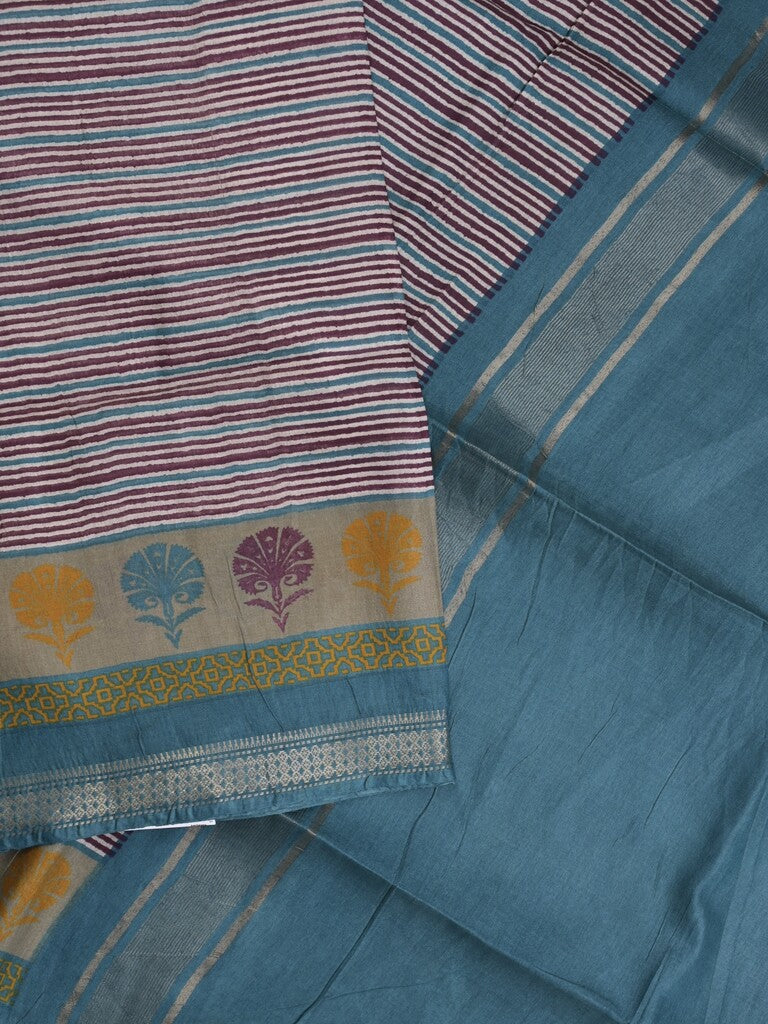 Tussar fancy saree in grey color allover stripes & zari border with contrast pallu and blouse