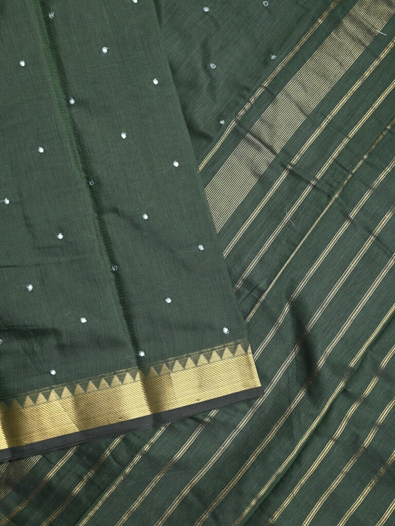 Chanderi fancy saree dark green color allover zari motifs & zari border with zari pallu and plain blouse
