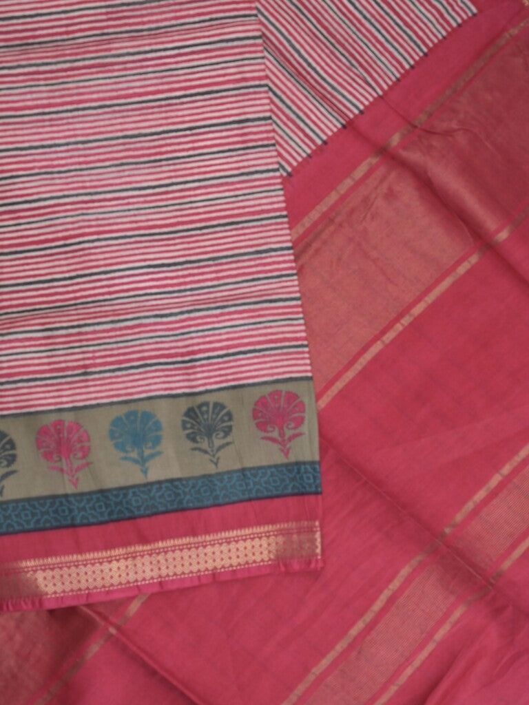 Tussar fancy saree in baby pink color allover stripes & zari border with contrast pallu and blouse