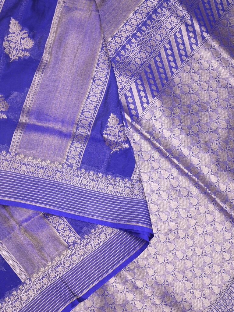 Pure organza fancy saree royal blue color allover zari weaves & zari border with rich pallu and contrast blouse