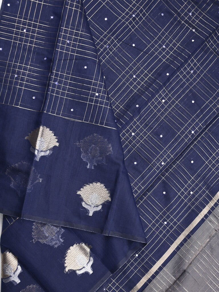 Chanderi fancy saree navy blue color allover checks, zari motifs & zari border with zari pallu and self blouse