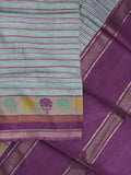 Tussar fancy saree in bluish grey color allover stripes & zari border with contrast pallu and blouse