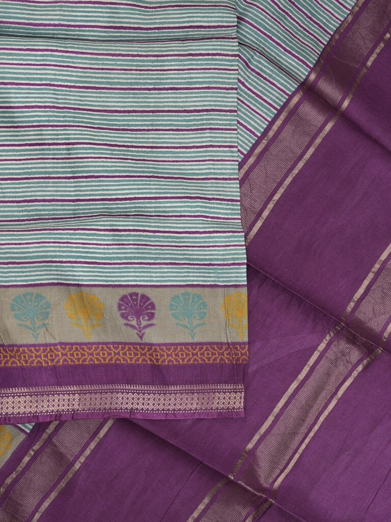 Tussar fancy saree in bluish grey color allover stripes & zari border with contrast pallu and blouse