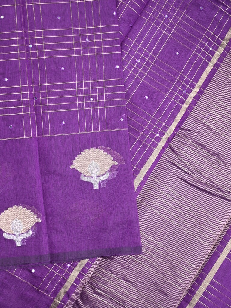 Chanderi fancy saree purple color allover checks, zari motifs & zari border with zari pallu and self blouse