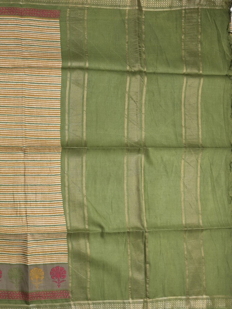 Tussar fancy saree in cream color allover stripes & zari border with contrast pallu and blouse