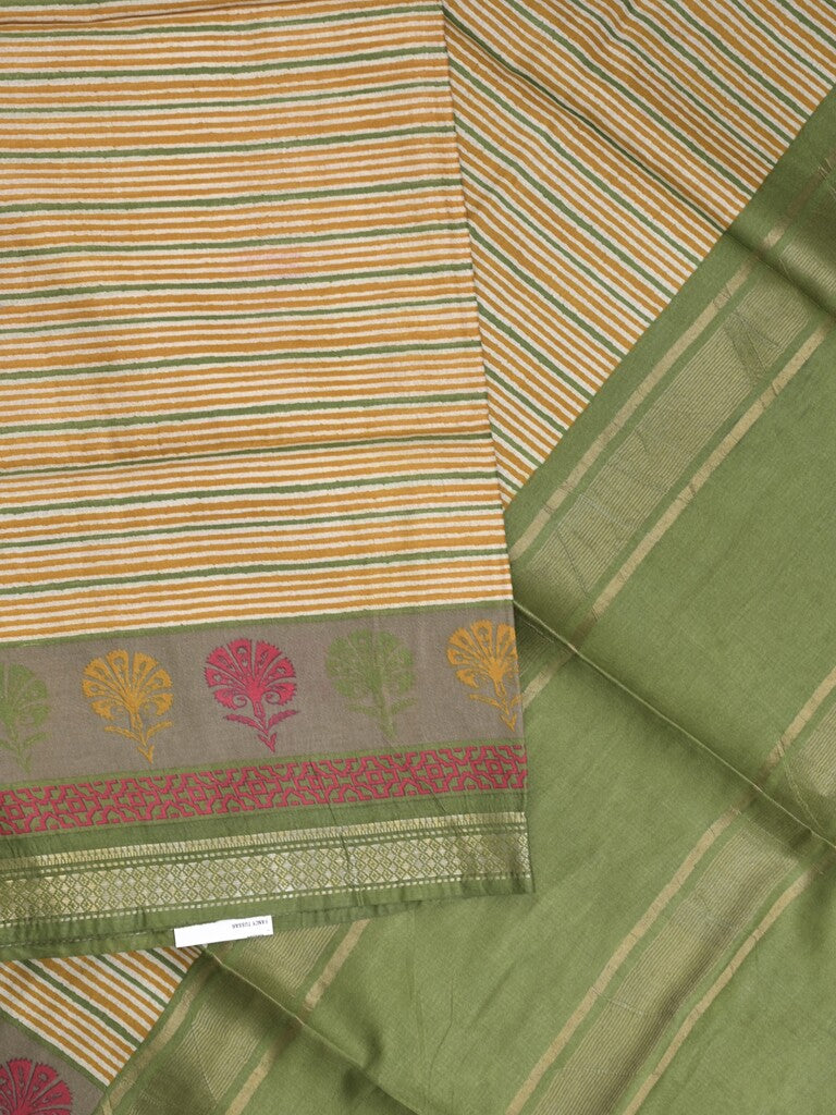 Tussar fancy saree in cream color allover stripes & zari border with contrast pallu and blouse