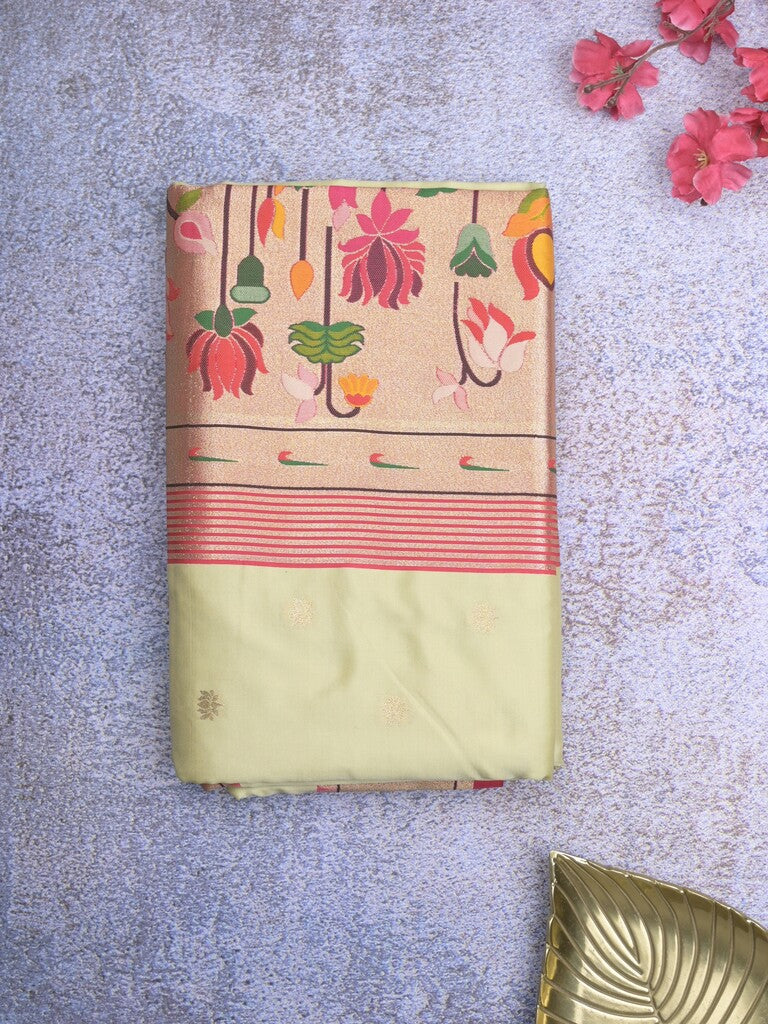 Banaras pattu saree cream color allover zari motifs & paithani border with paithani pallu and contrast blouse