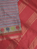 Tussar fancy saree in grey color allover stripes & zari border with contrast pallu and blouse