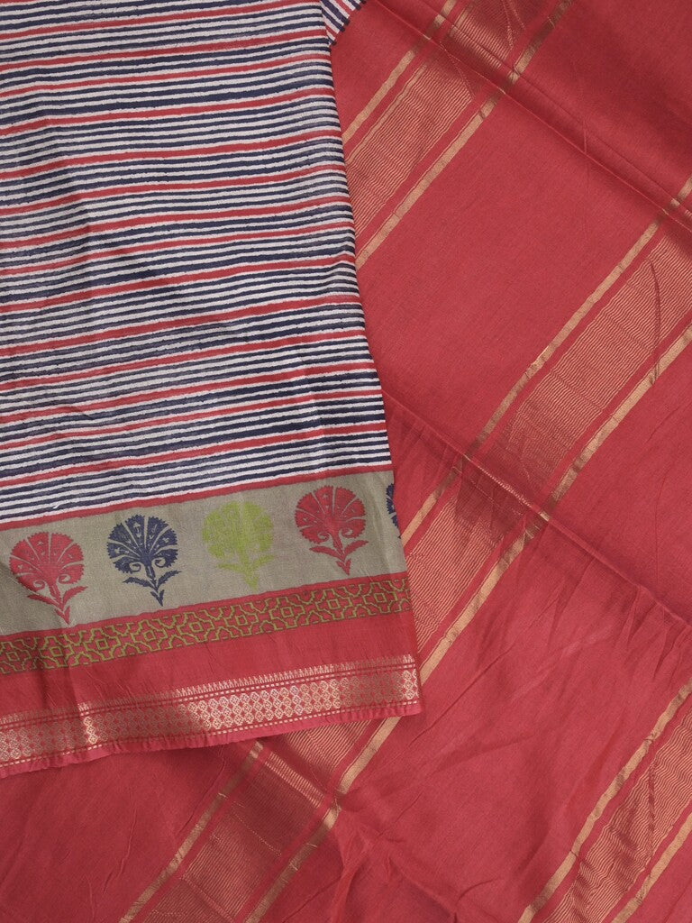 Tussar fancy saree in grey color allover stripes & zari border with contrast pallu and blouse