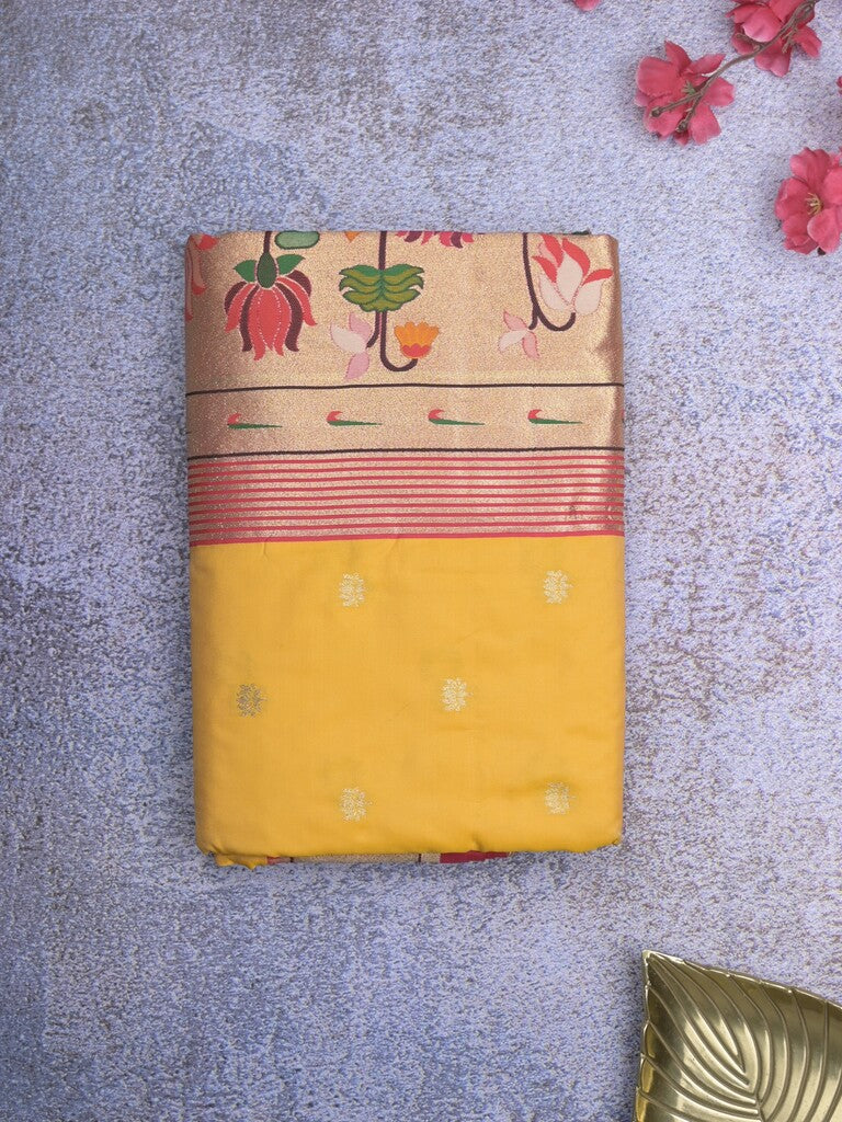 Banaras pattu saree golden yellow color allover zari motifs & paithani border with paithani pallu and contrast blouse