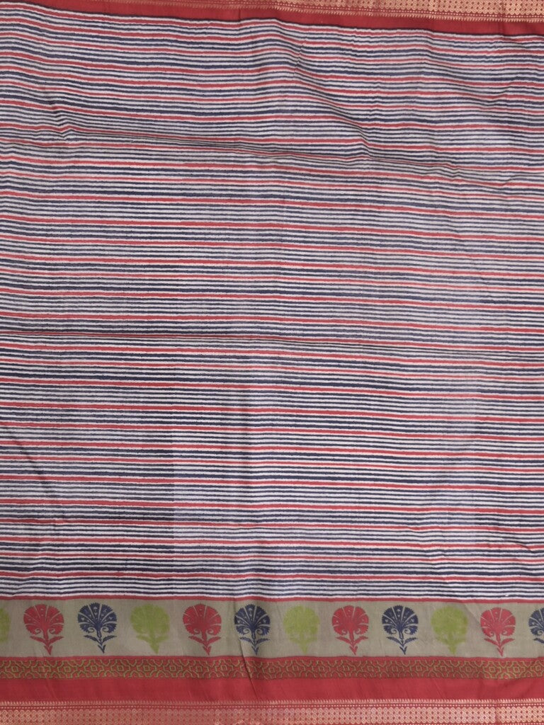 Tussar fancy saree in grey color allover stripes & zari border with contrast pallu and blouse