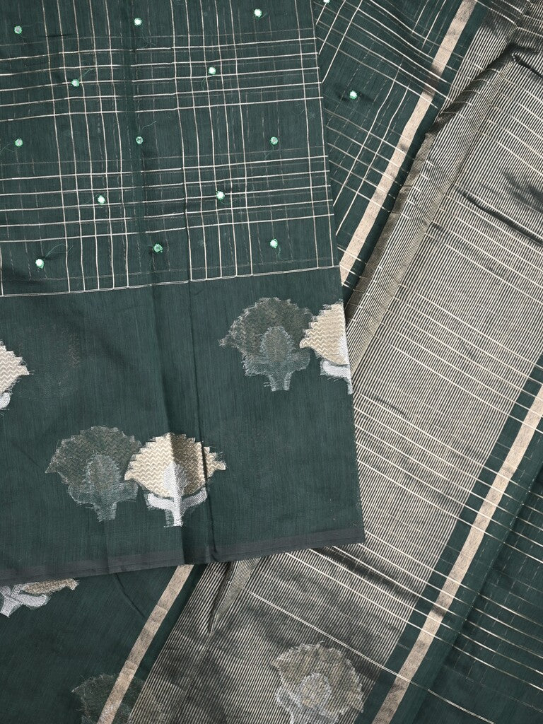 Chanderi fancy saree dark green color allover checks, zari motifs & zari border with zari pallu and self blouse