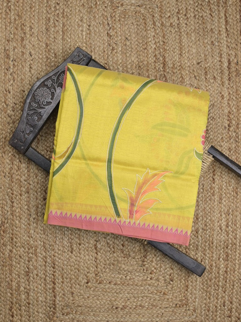 Mangalagiri pattu saree in yellow color allover prints and temple border with contrast plain blouse