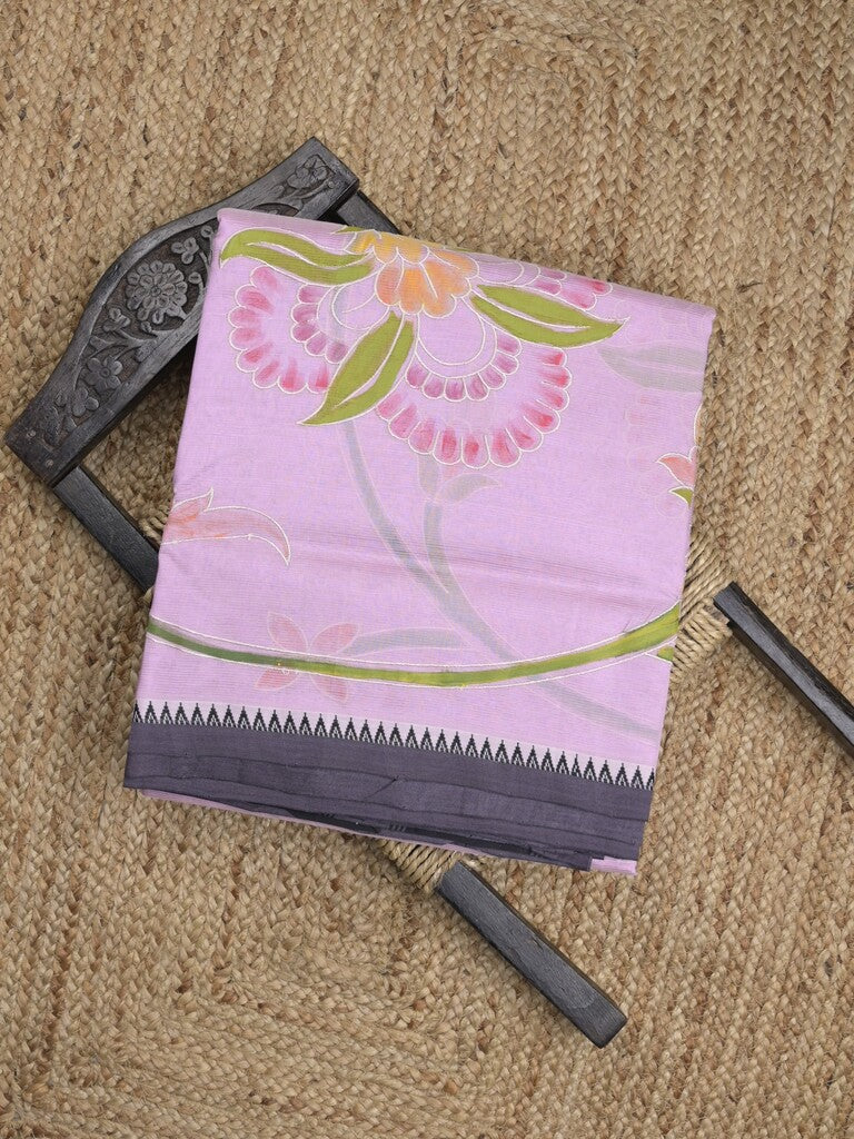 Mangalagiri pattu saree in purple color allover prints and temple border with contrast plain blouse