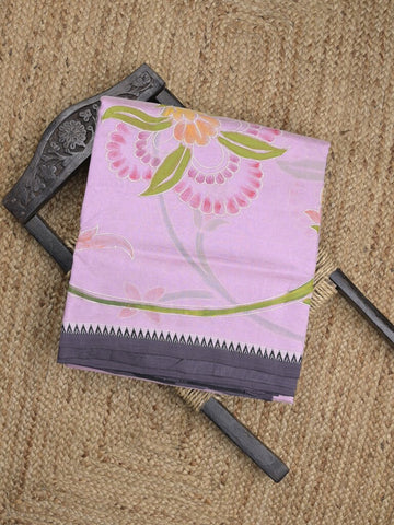 Mangalagiri pattu saree in purple color allover prints and temple border with contrast plain blouse