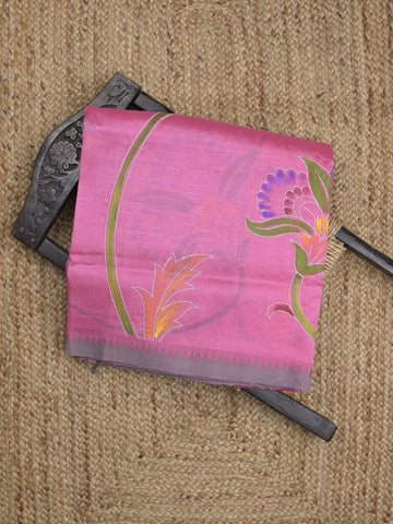 Mangalagiri pattu saree in pink color allover prints and temple border with plain blouse