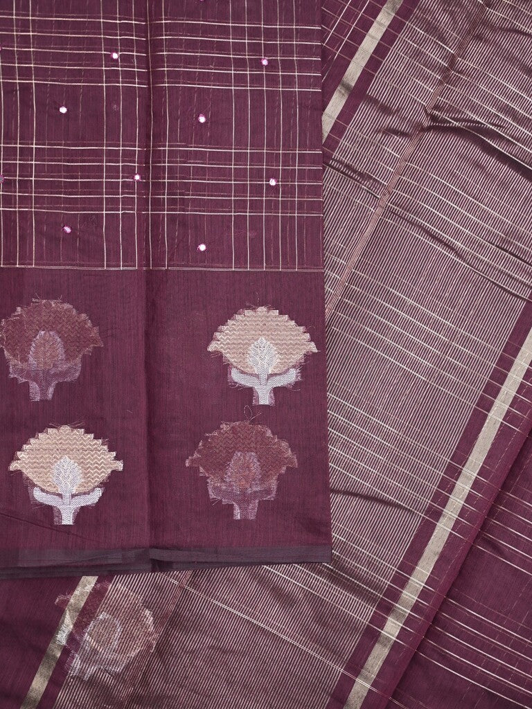 Chanderi fancy saree dark wine color allover checks, zari motifs & zari border with zari pallu and self blouse