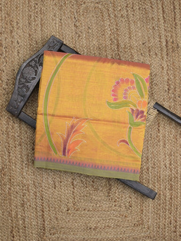 Mangalagiri pattu saree in golden yellow color allover prints and temple border with plain blouse