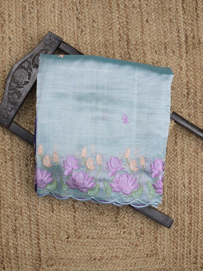 Mangalagiri fancy saree in light blue color allover embroidery and cutwork border with plain blouse
