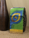 Pure tussar fancy saree parrot green color allover prints & big contrast border with contrast pallu and plain blouse