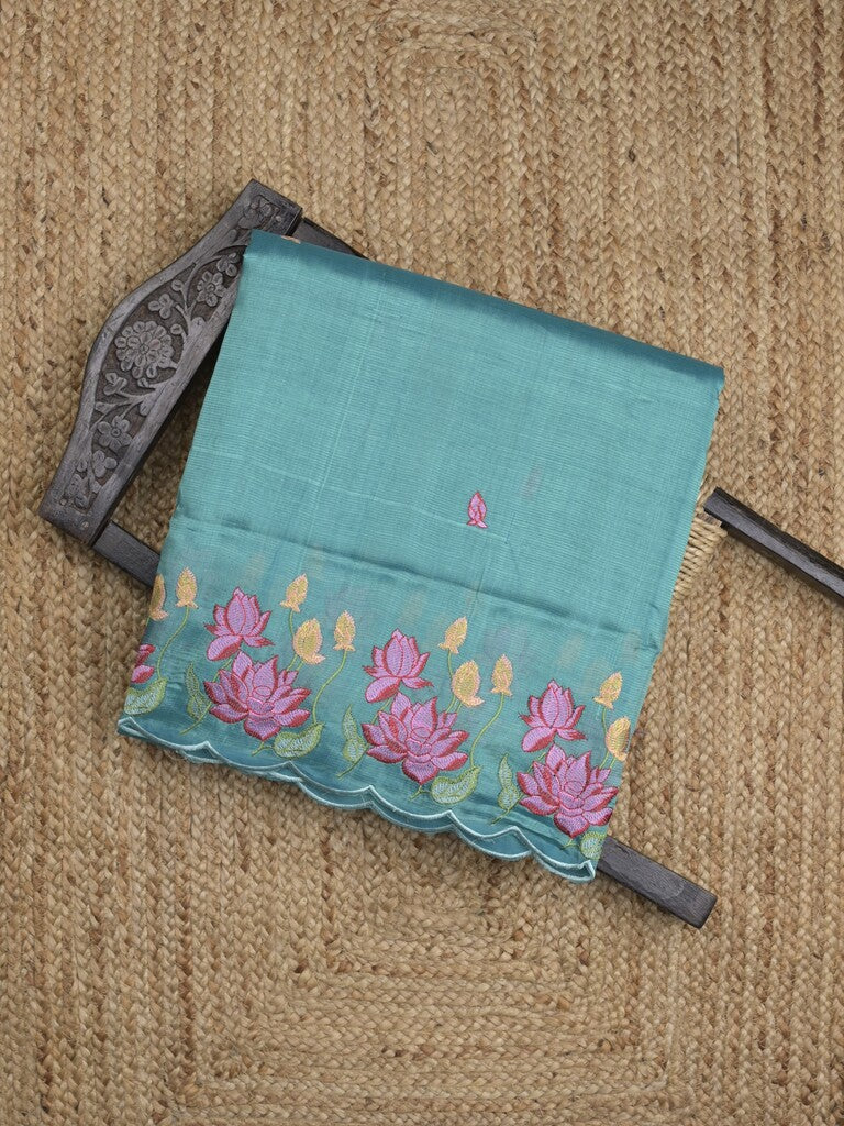 Mangalagiri fancy saree in dark green color allover embroidery and cutwork border with plain blouse