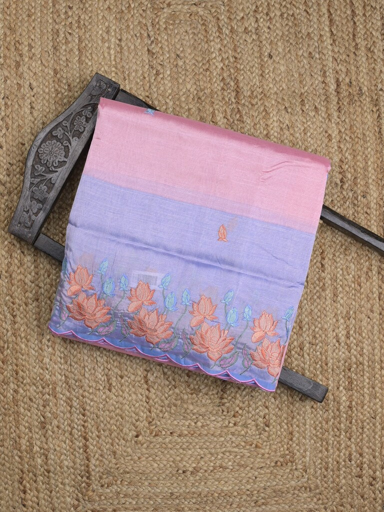 Mangalagiri fancy saree in baby pink color allover embroidery and cutwork border with plain blouse