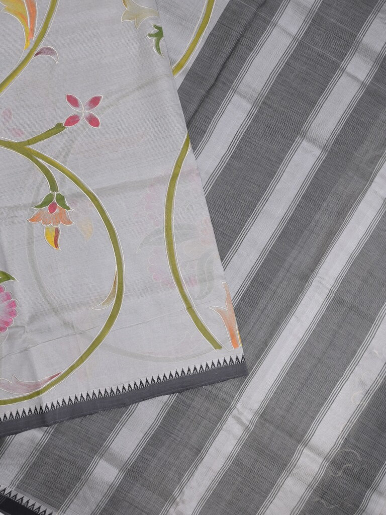 Mangalagiri pattu saree in grey color allover prints and temple border with contrast plain blouse