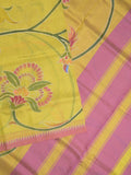 Mangalagiri pattu saree in yellow color allover prints and temple border with contrast plain blouse