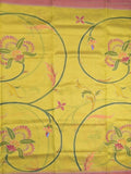 Mangalagiri pattu saree in yellow color allover prints and temple border with contrast plain blouse